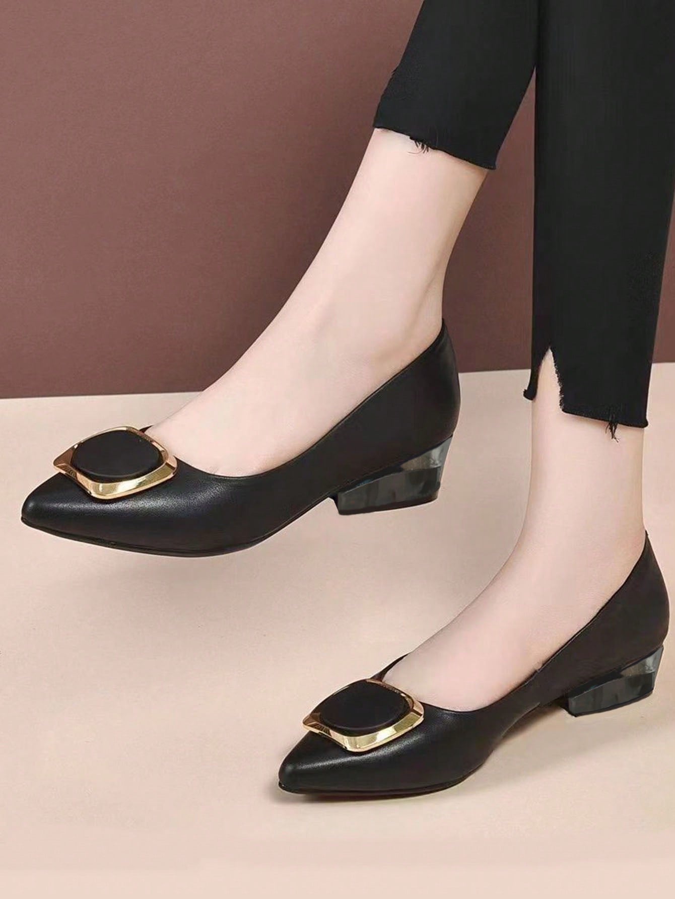 2024 Spring/Summer New Fashionable Low Cut Women's Leather Shoes With Chunky Heel, Slip-On High Heel Ladies' Work Shoes With Pointed Toe And Square Buckle, Big Size Casual And Simple Women's Shoes