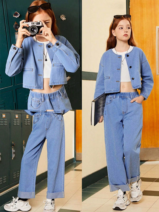 TWEEN GIRL Elegant Casual College Style Drop Shoulder Short Jacket & Elastic Waistband Wide-Leg Jeans Set