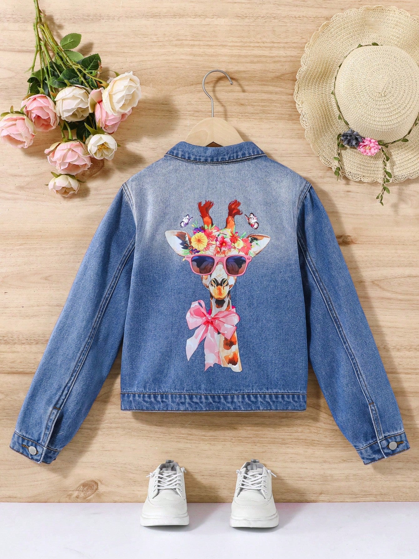 Tween Girls Causal Cute Giraffe Print Distressed Denim Jacket Without Tee For Daily Wear,Kids Summer Clothes Outfits