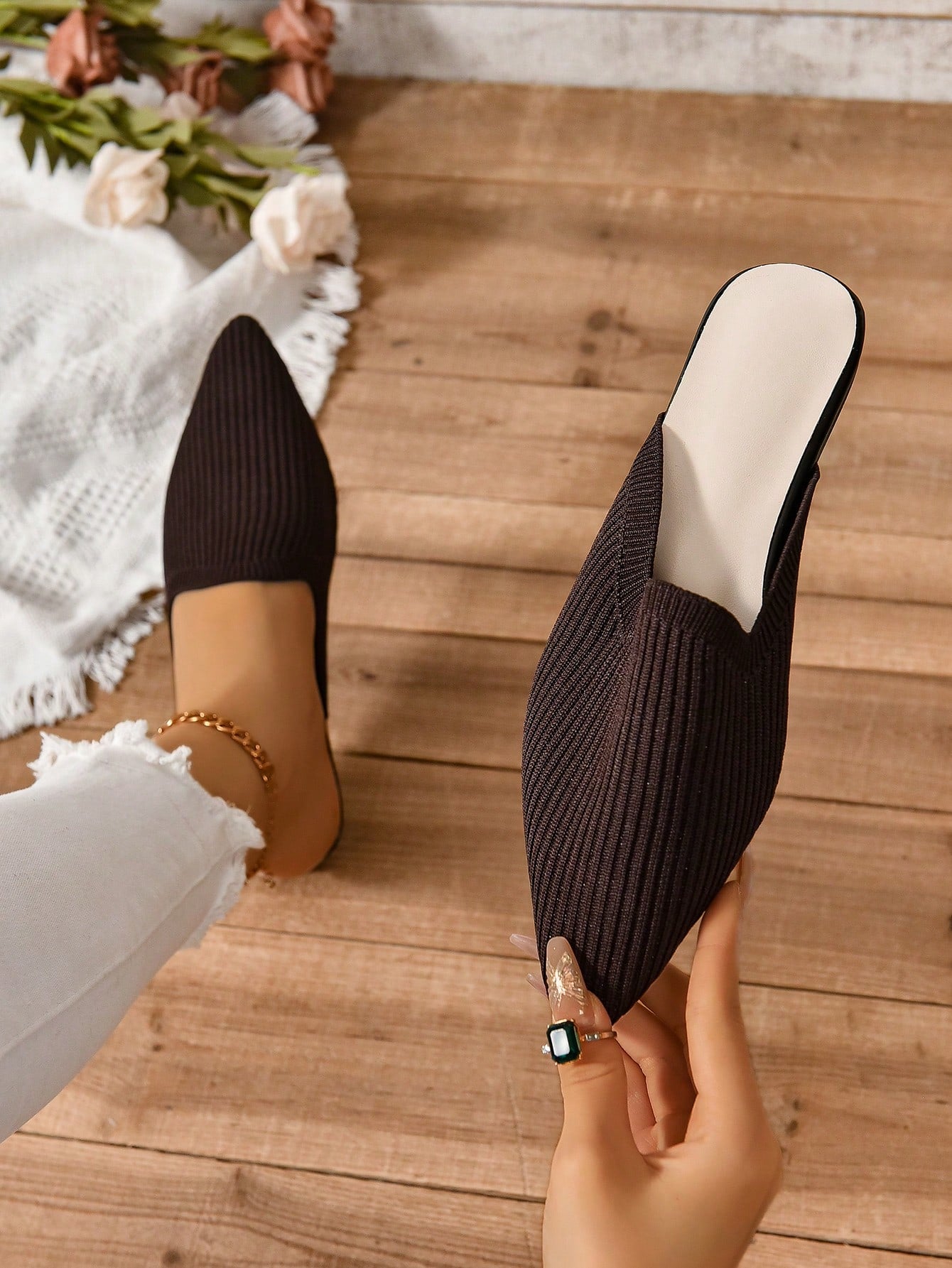 Elegant Mule Flats For Women, Knit Detail Slip-on Flats