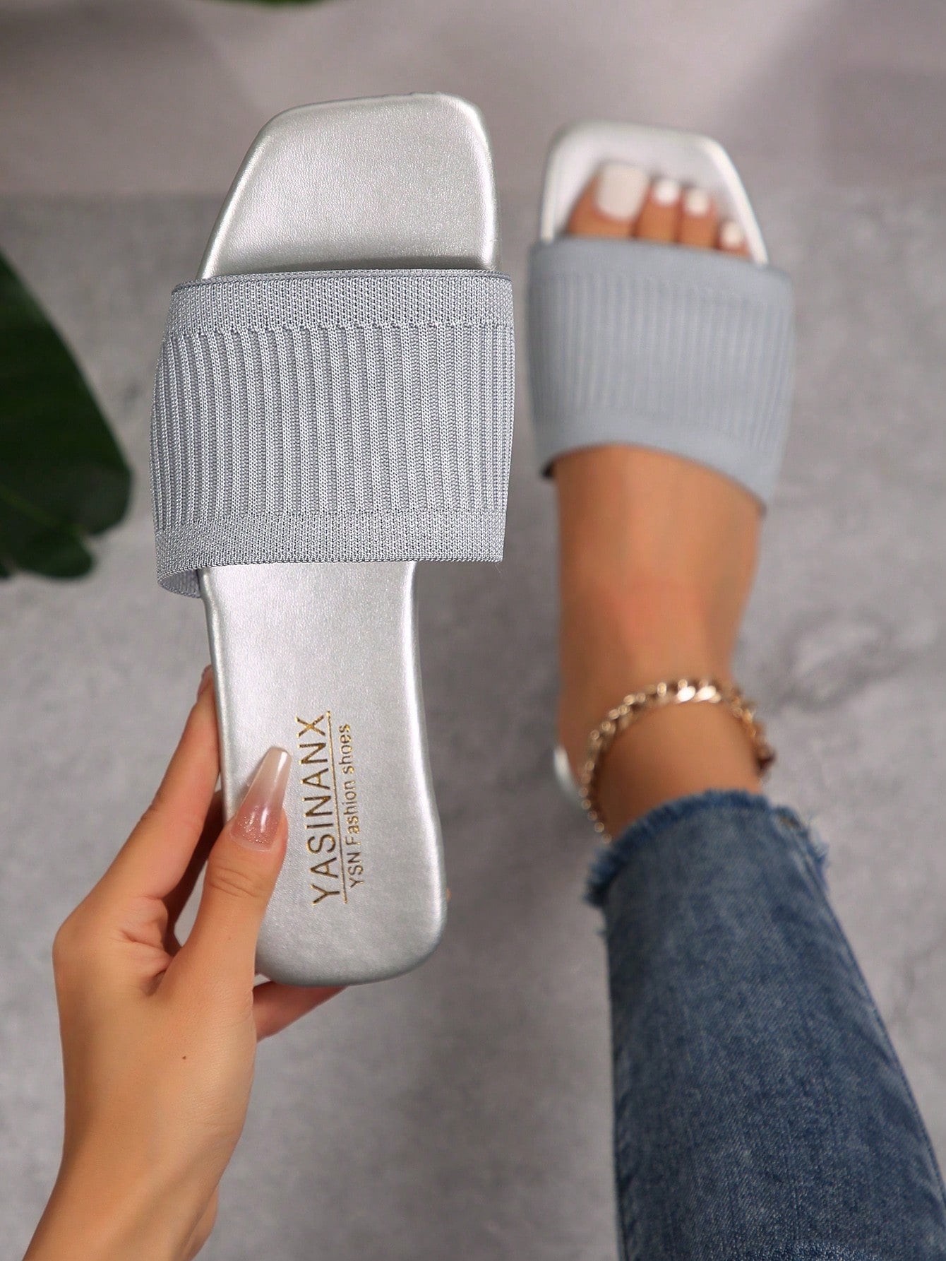 Women's Square Toe Knit Non-Slip Slippers With Breathable Flat Open Toe Slouchy Summer Shoes, Plus Size