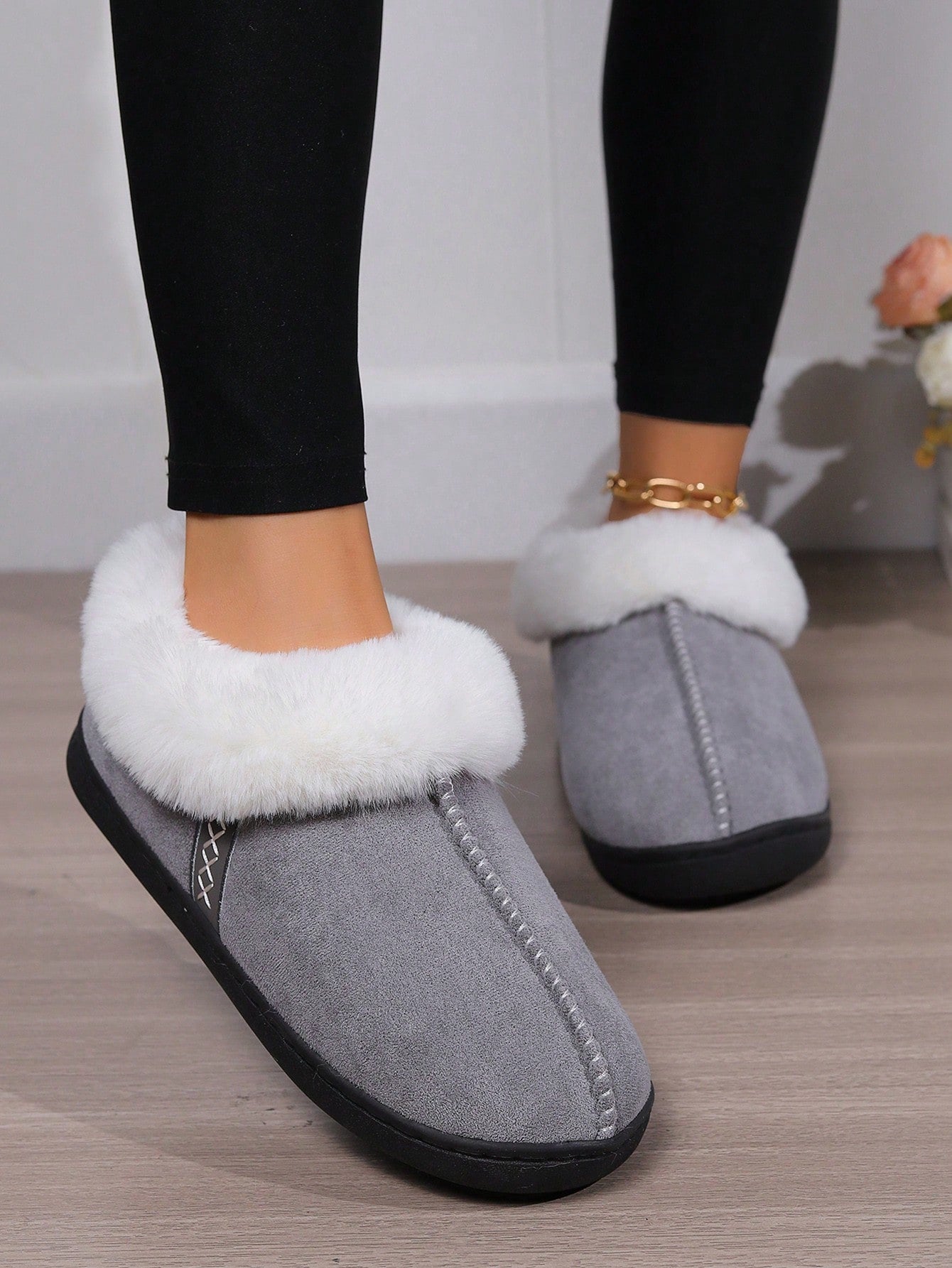 Warm Indoor House Slippers With Fur, Non-Slip Flat Bottom Bedroom Shoes