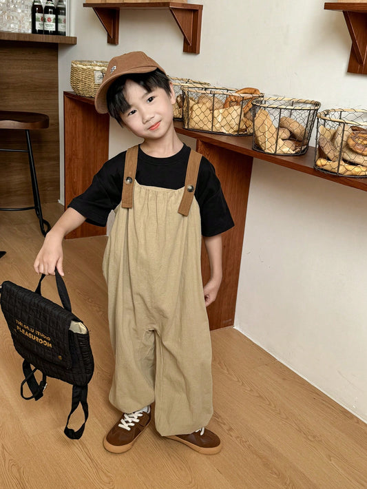 Toddler Boys' Casual Color Block Jumpsuit With Suspenders, Features Loose Design, Suitable For Wearing In Casual Occasions. The Suspenders Design Is Not Only Fashionable But Also Adjustable, Adding Comfortability And Convenience To Wearing. Suitable For S