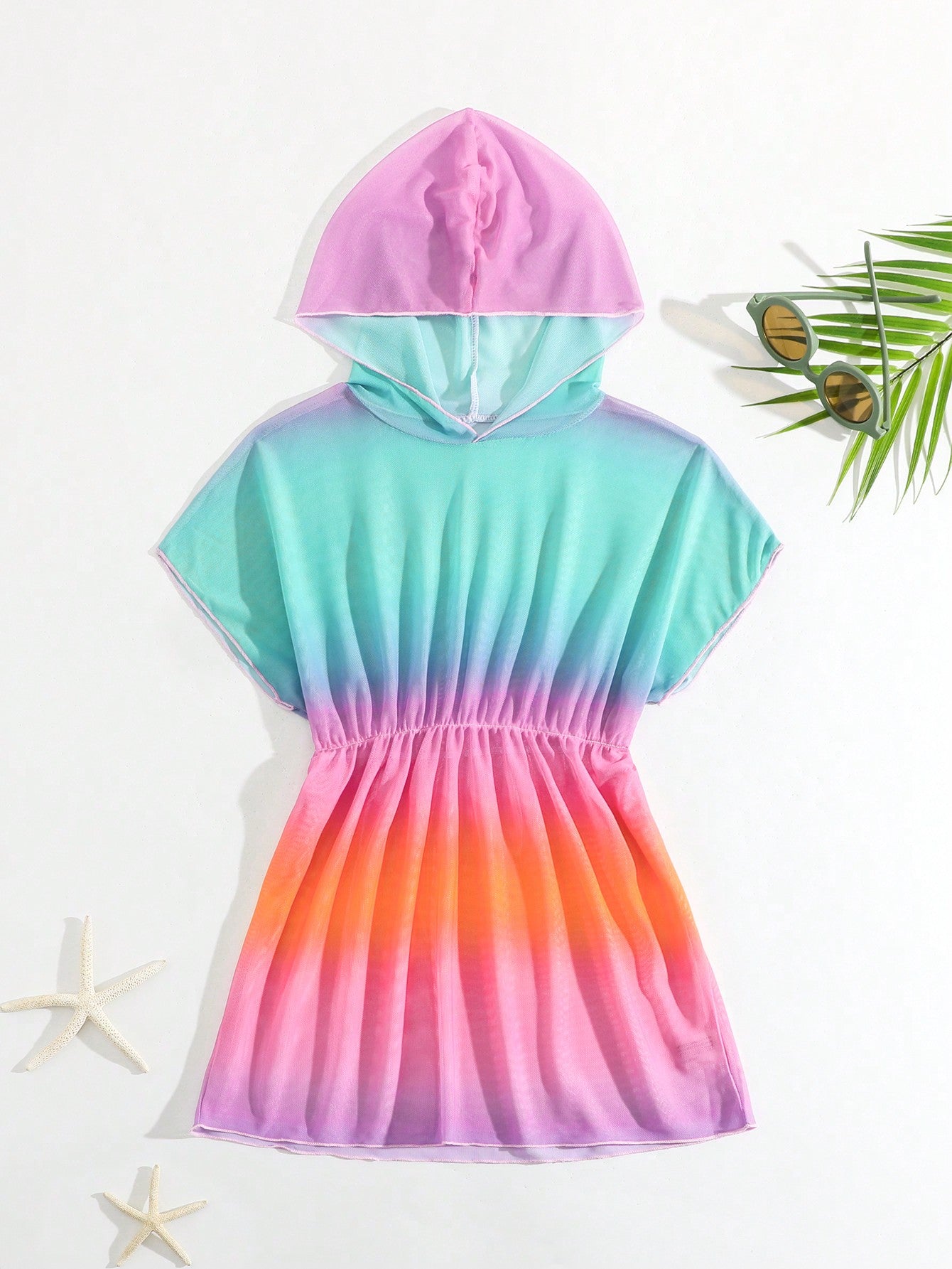 Young Girl Ombre Hooded Short Sleeve Cover-Up With Logo Print