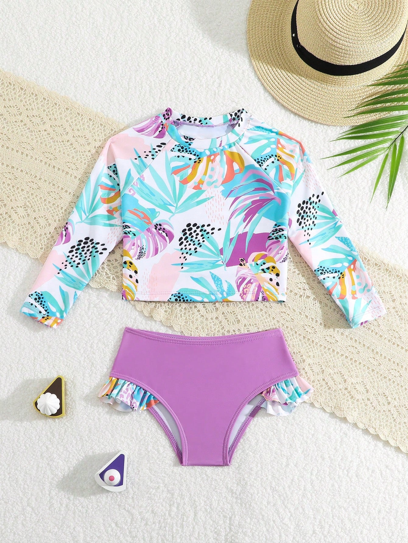 New Fashion Long Sleeve Printed Swimsuit Set For Little Girls