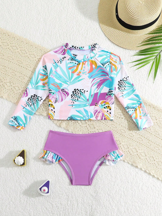 New Fashion Long Sleeve Printed Swimsuit Set For Little Girls