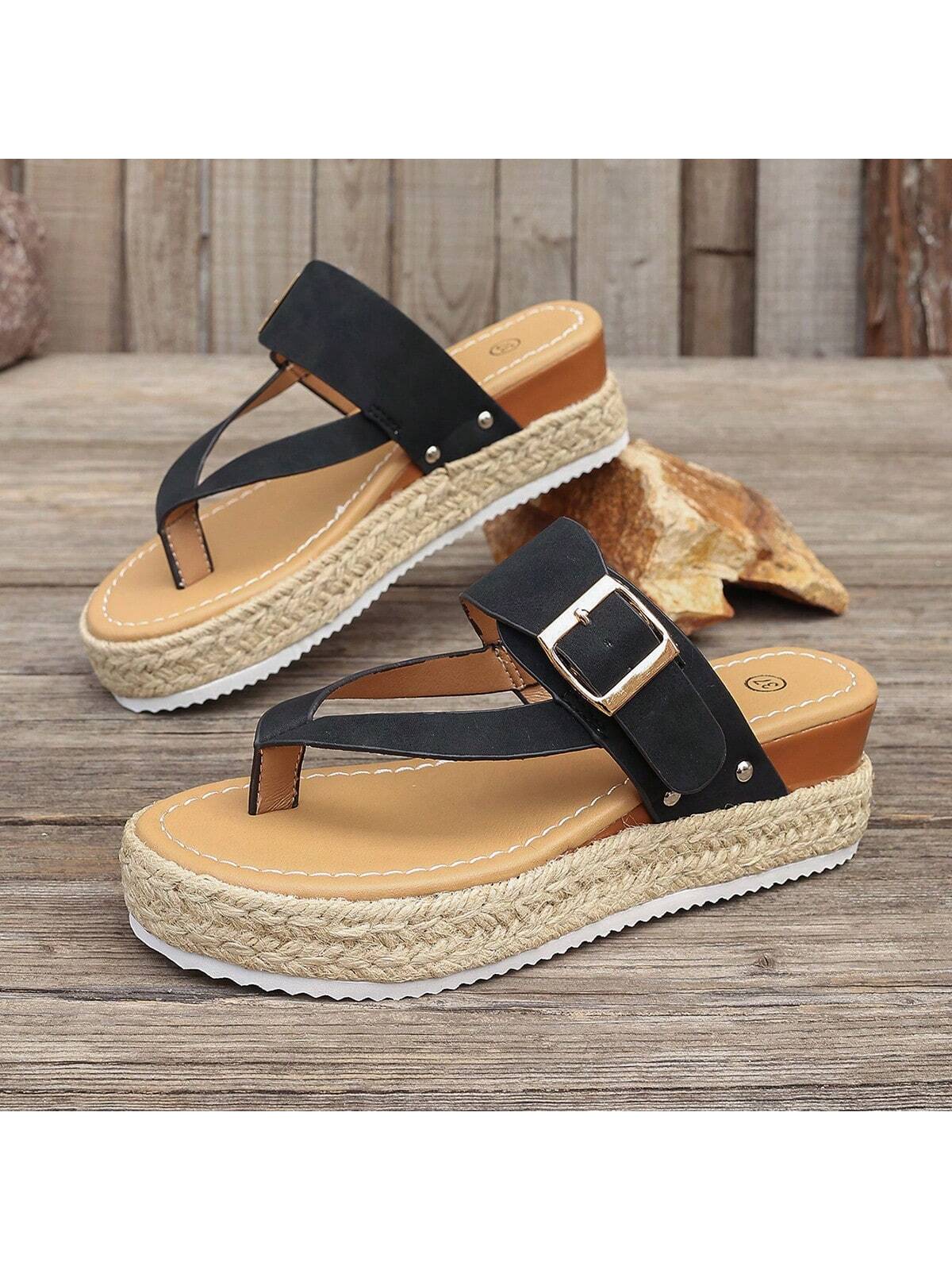 2024 Women's Summer Vacation Beach Wear Woven, Rivet Decorated, Espadrille Wedges Sandals, Beige