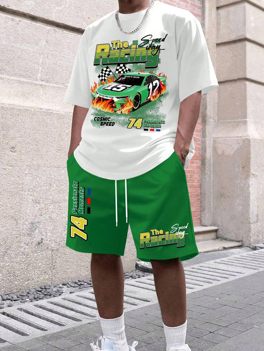 Men's Summer Letter Printed Car Patterned Casual Round Neck Short Sleeve T-Shirt And Drawstring Waist Shorts Set