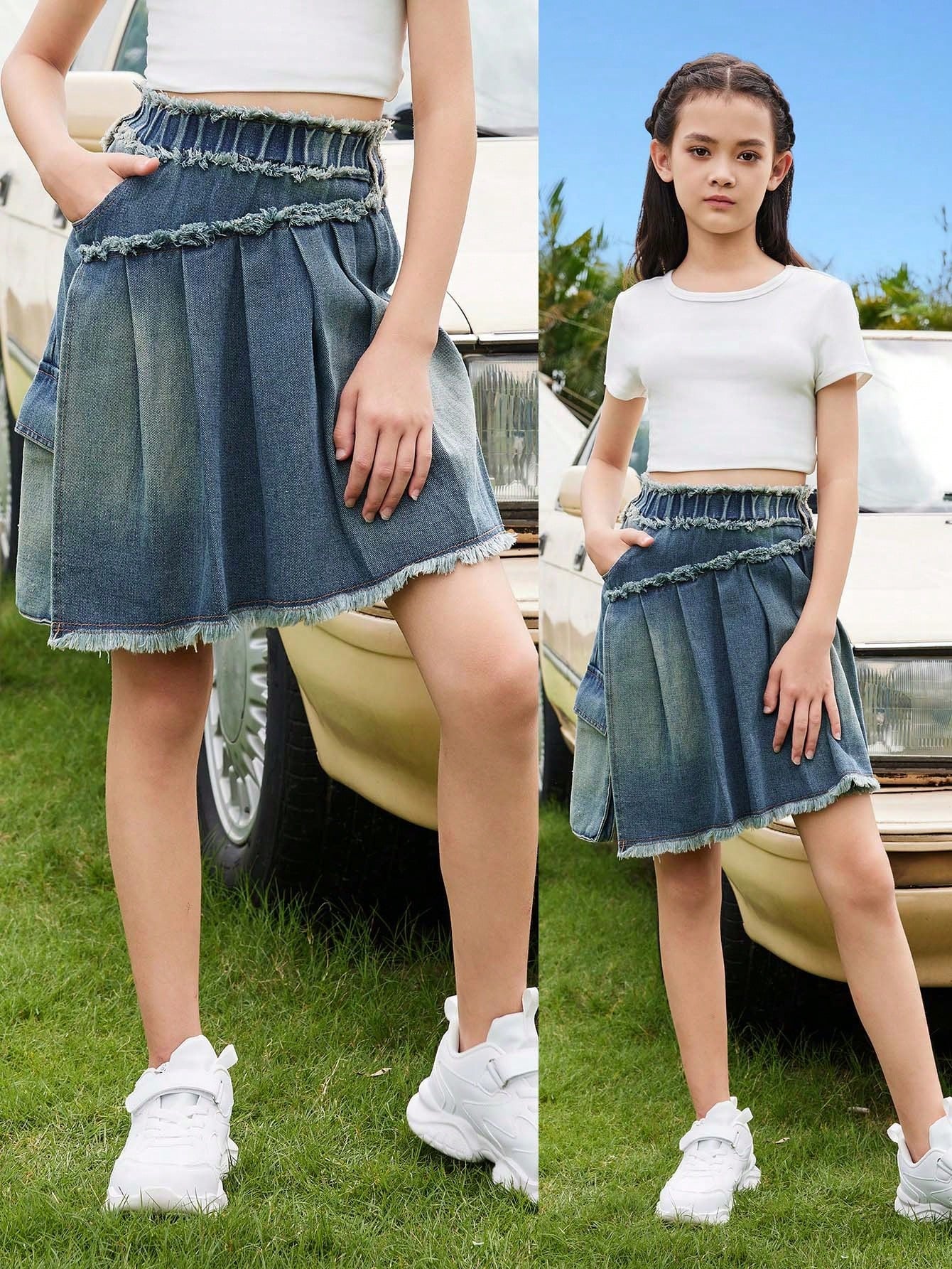 Tween Girl Fashionable And Versatile Denim Skirt Without Elasticity