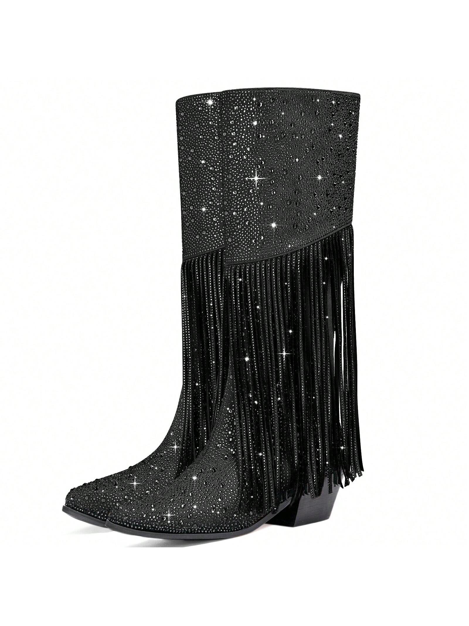 Sparkly Glitter Western Cowgirl Fringe Boots Women's Rhinestone Tassel Cowboy Boots Ladies Pointed Toe Block High Heel Zipper Knee High Boots Pull-On Tabsfor Girl Dating Sexy Graduation Prom Party Shows Shoes