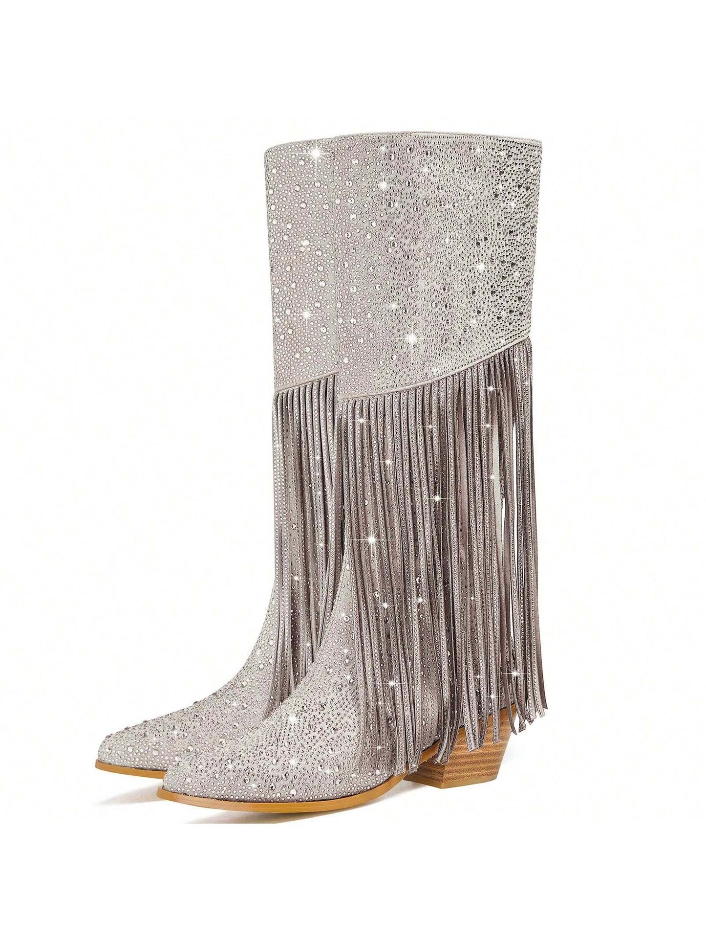 Sparkly Glitter Western Cowgirl Fringe Boots Women's Rhinestone Tassel Cowboy Boots Ladies Pointed Toe Block High Heel Zipper Knee High Boots Pull-On Tabsfor Girl Dating Sexy Graduation Prom Party Shows Shoes