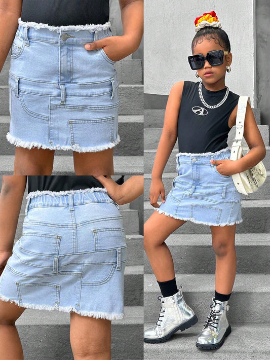 Streecool Kids TWEEN GIRL Y2K Street-Style Cool Light Blue Washed Denim Mini Skirt With Frayed Hem And Slight Stretch