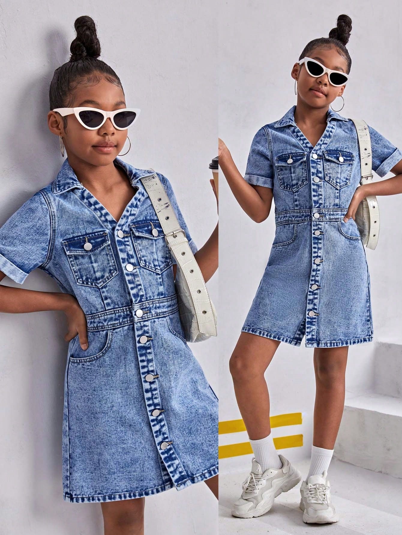 TWEEN GIRL PREPPY CASUAL LIGHT WASH Button Front Denim Dress