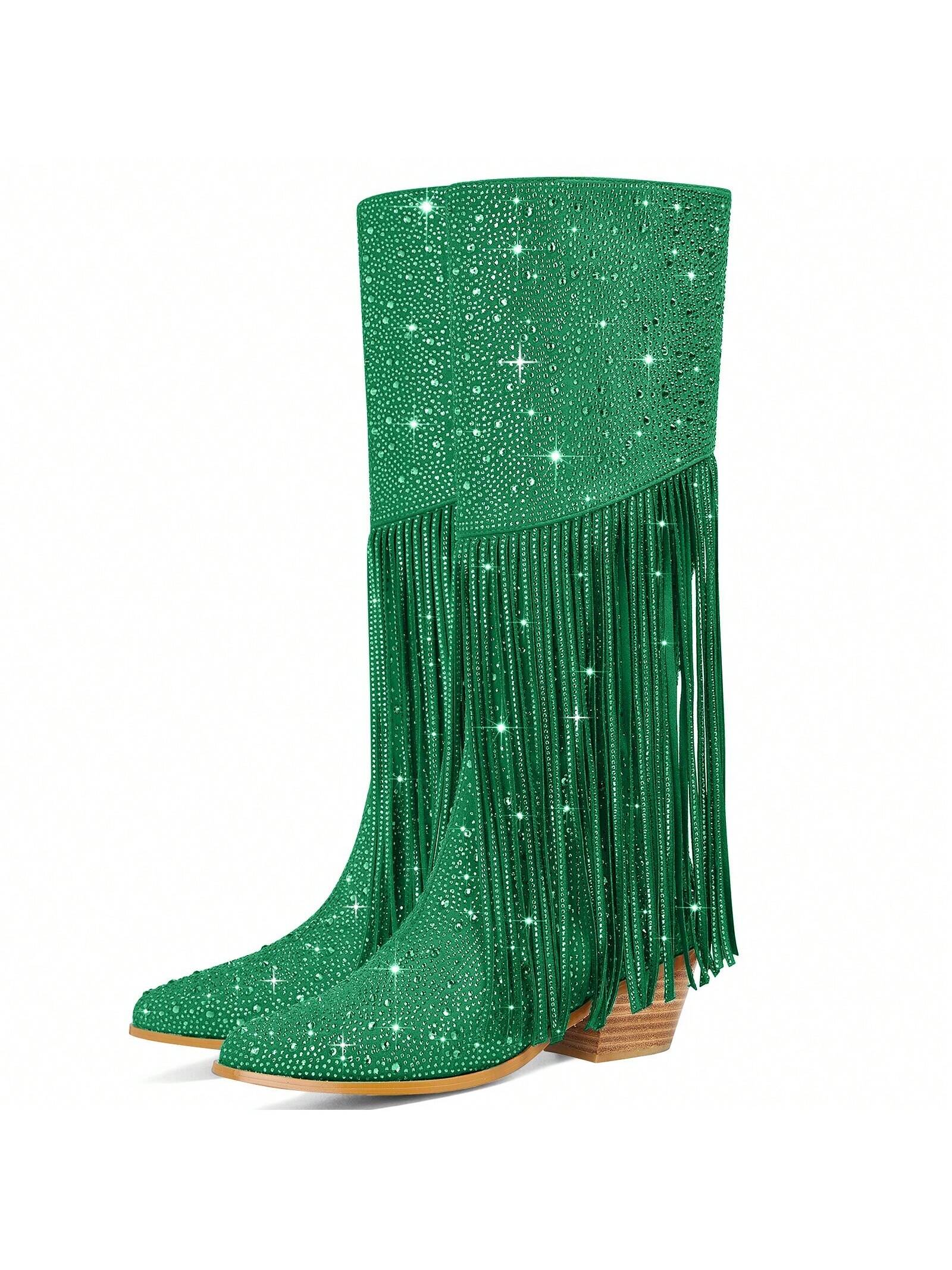 Sparkly Glitter Western Cowgirl Fringe Boots Women's Rhinestone Tassel Cowboy Boots Ladies Pointed Toe Block High Heel Zipper Knee High Boots Pull-On Tabsfor Girl Dating Sexy Graduation Prom Party Shows Shoes