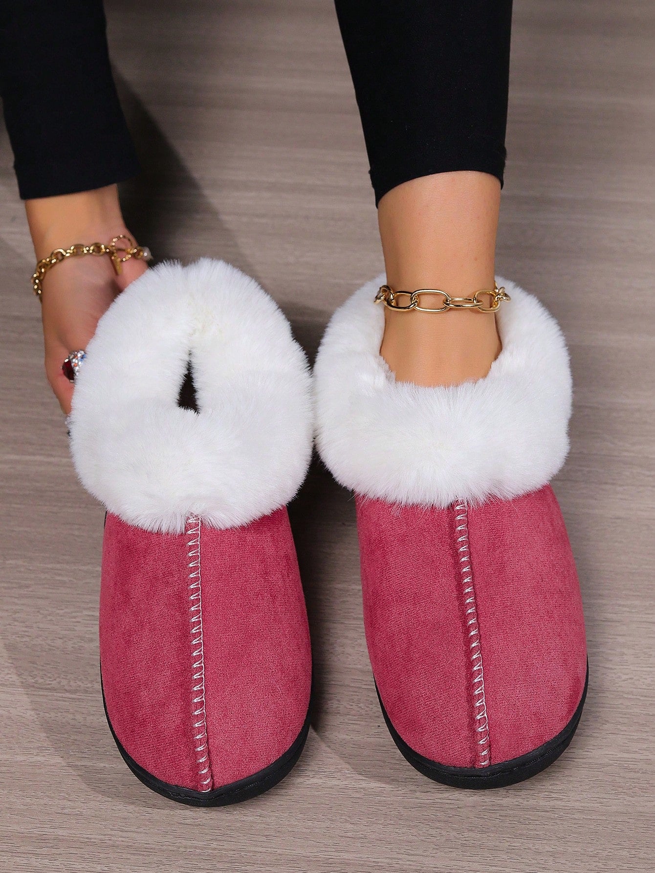 Warm Indoor House Slippers With Fur, Non-Slip Flat Bottom Bedroom Shoes