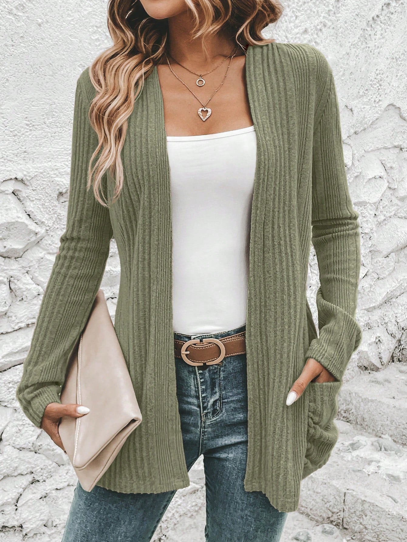 Dual Pocket Open Front Ribbed Knit Coat