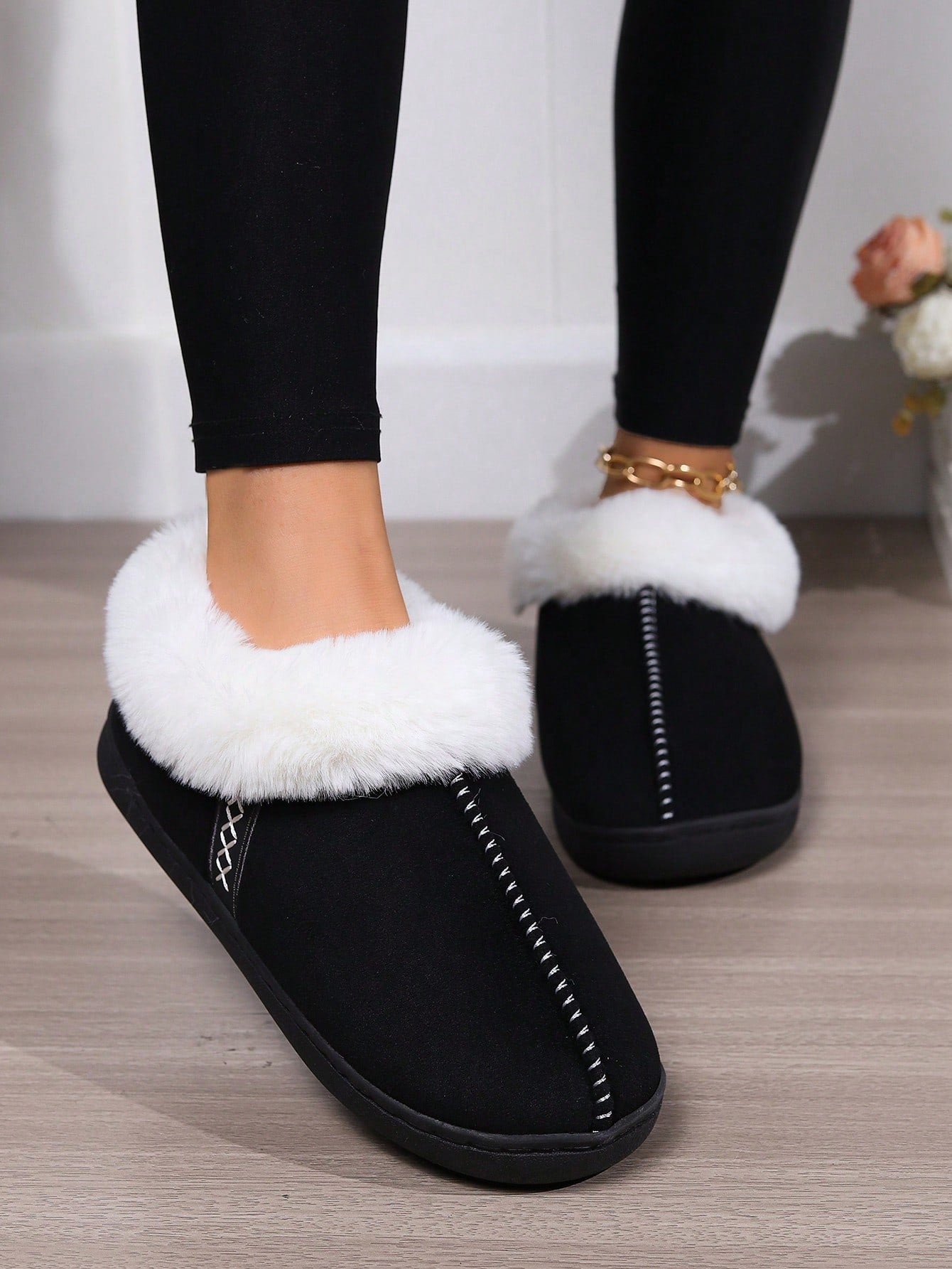 Warm Indoor House Slippers With Fur, Non-Slip Flat Bottom Bedroom Shoes