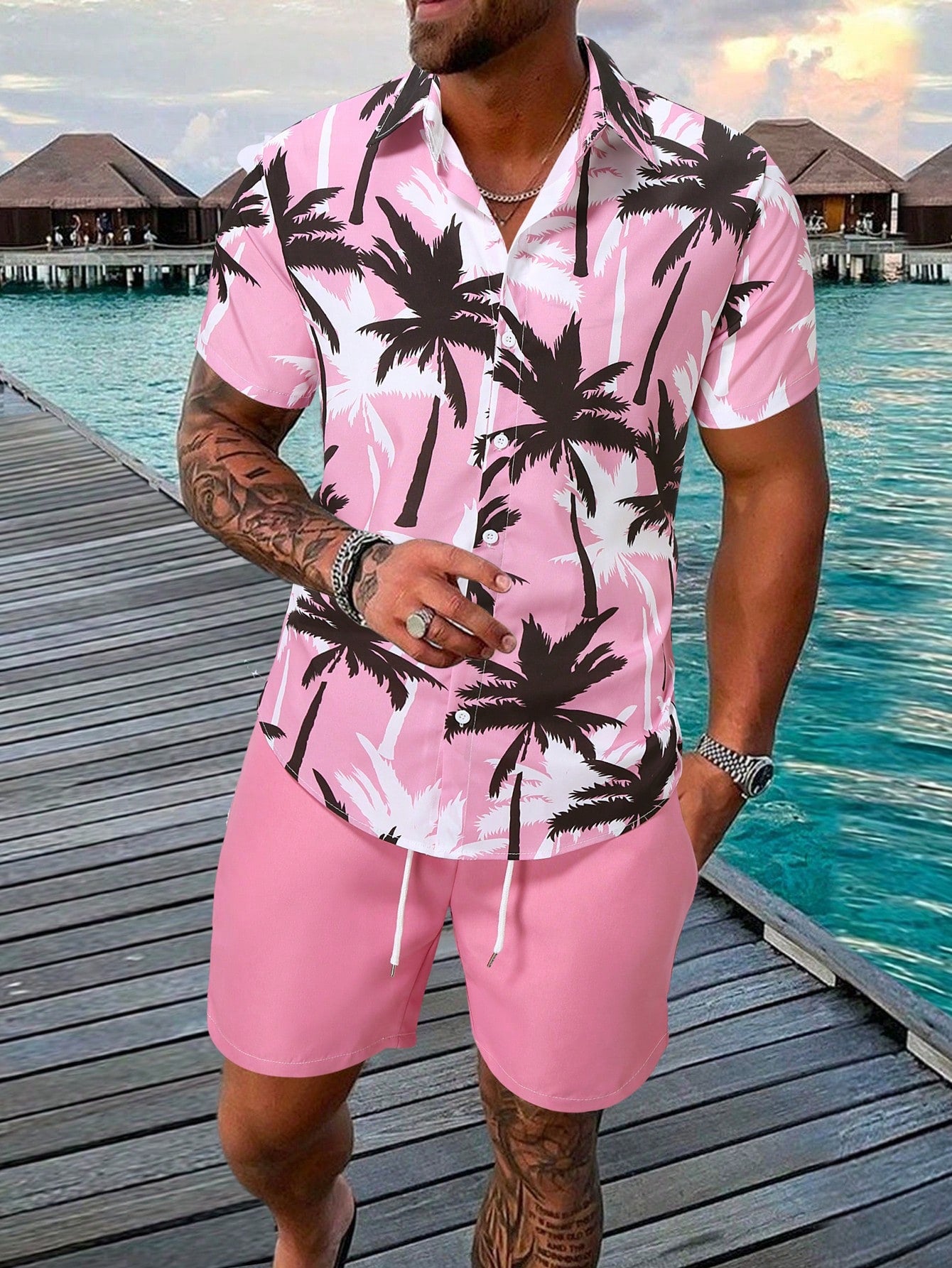 Men Coconut Tree Print Shirt & Shorts