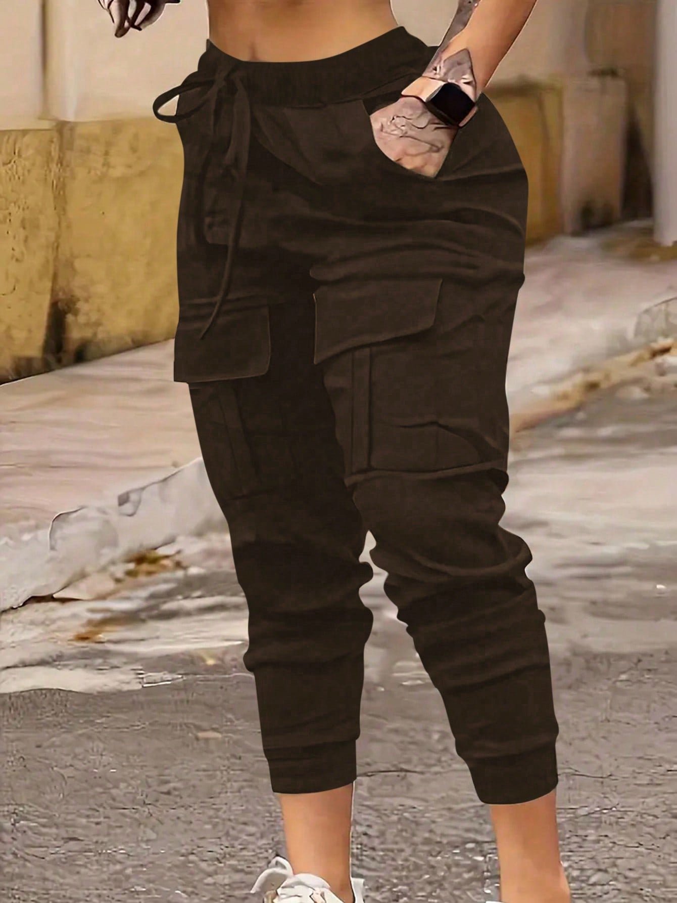 Plus Size Solid Color High Waist Cuffed Cargo Pants