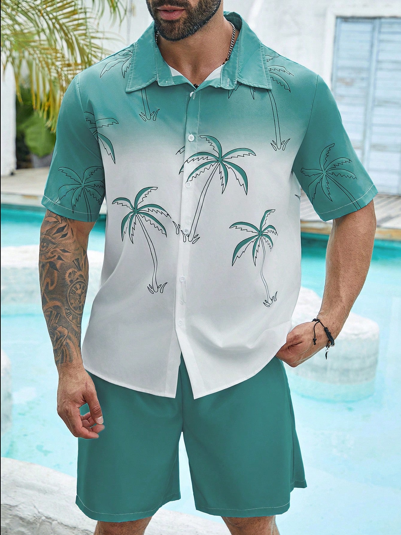 Men's Plus Size Palm Tree Printed Short Sleeve Shirt And Shorts Casual 2-Piece Set