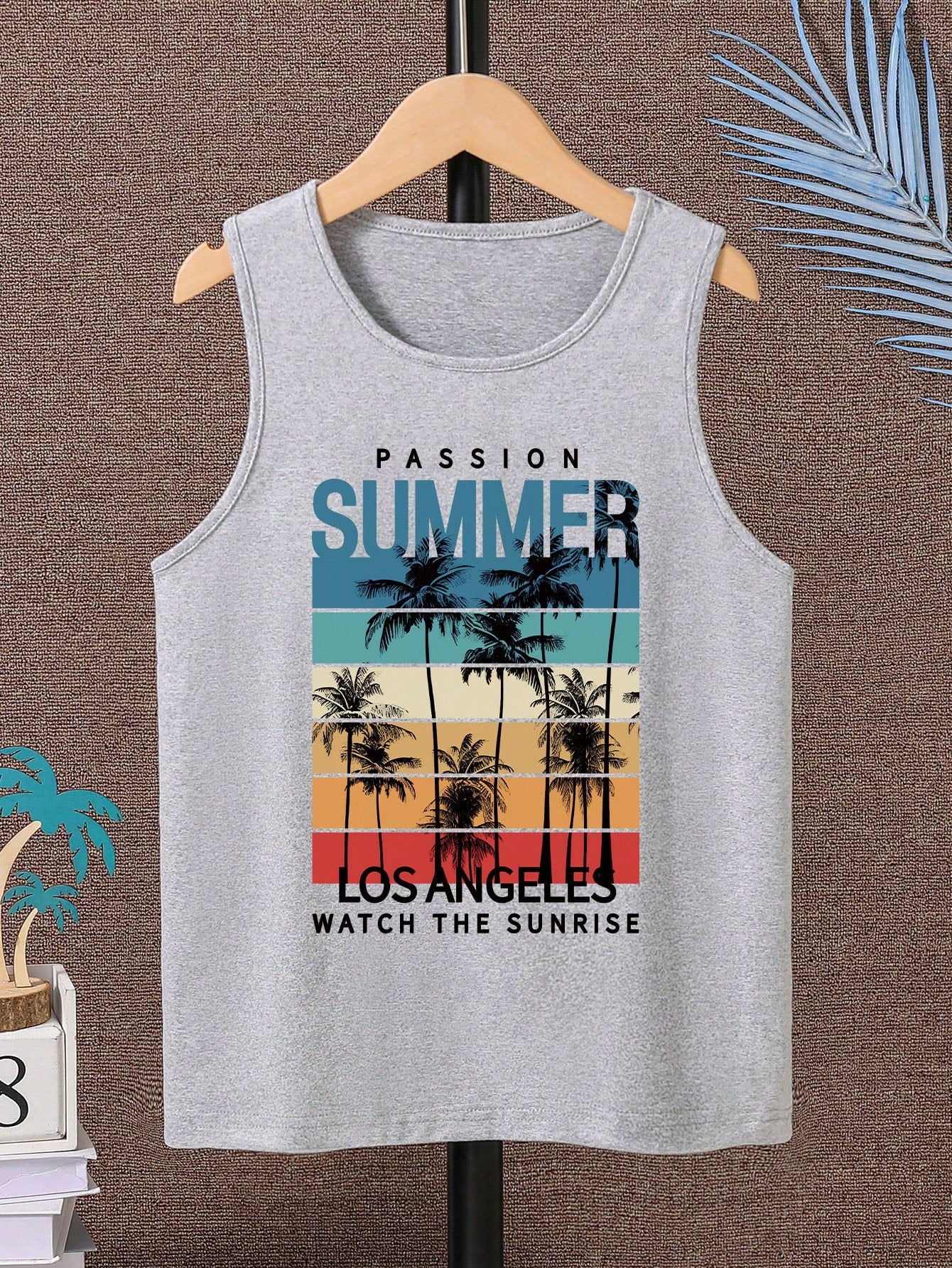 Tween Boy Summer Casual Coconut Tree Printed Round Neck Tank Top