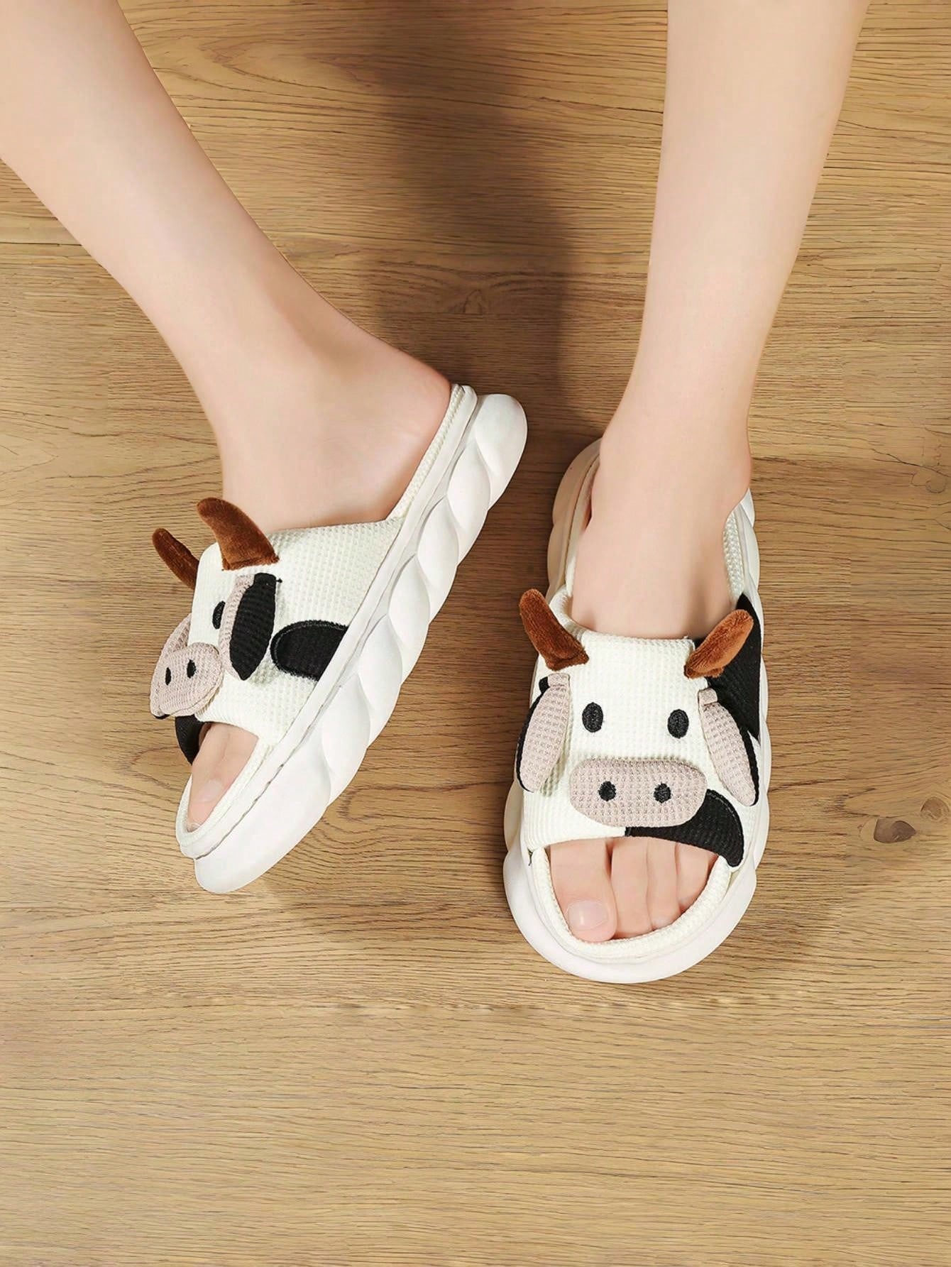 Unisex Cow Patterned Home Slippers For Couples, Summer, Thick Sole, Linen Slides