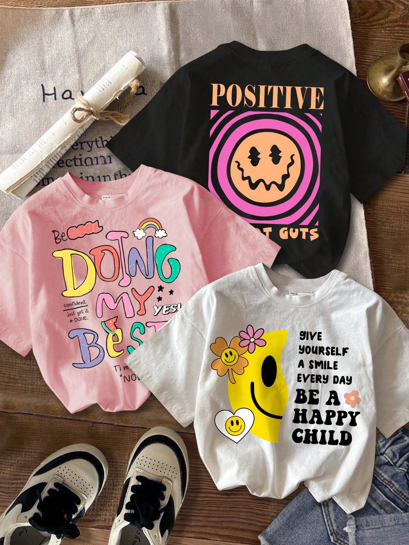 Simple And Cute Casual Cartoon Smile Face And Letter Printed Short Sleeve T-Shirt Set In White, Black, And Pink Colors. Suitable For Summer Back To School Outfits, Cute Shirts And Funny Tops For Tween Girls