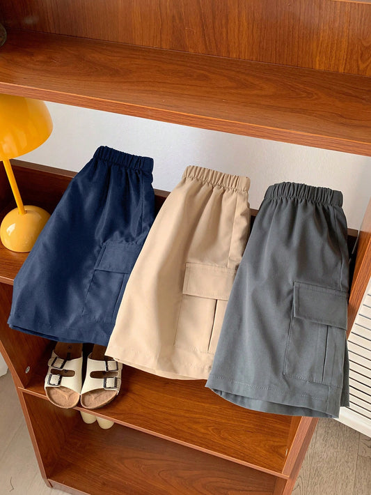 3pcs Young Boys' Casual, Comfortable, Stylish, Simple, Practical, Versatile, Soft And Comfortable Shorts Set With Embroidery And Waist Rope Decoration, Suitable For Daily Wear, School, Travel, Sports In Spring And Summer