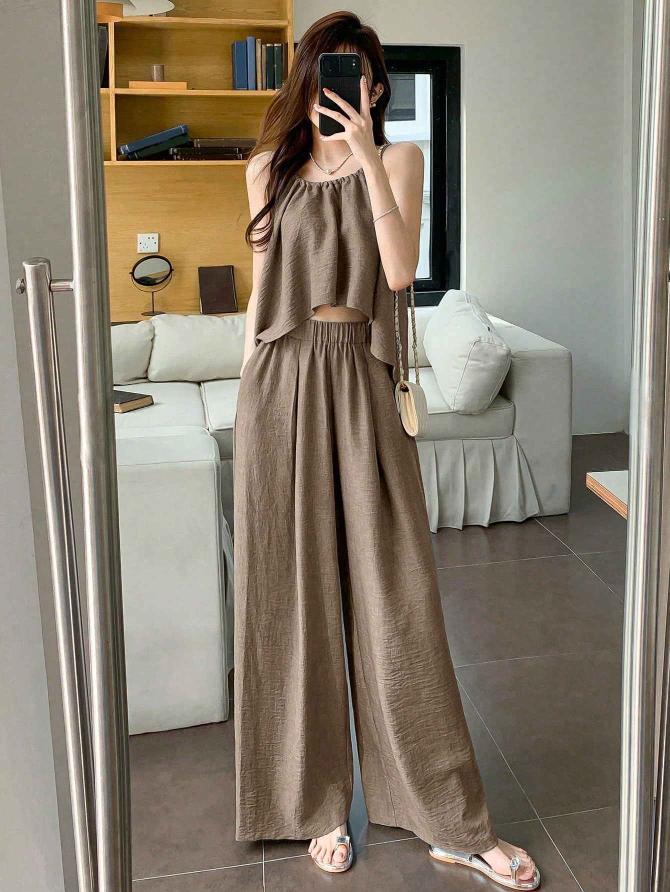 Women Summer Solid Color Asymmetrical Hem Camisole Top And Casual Pants Set