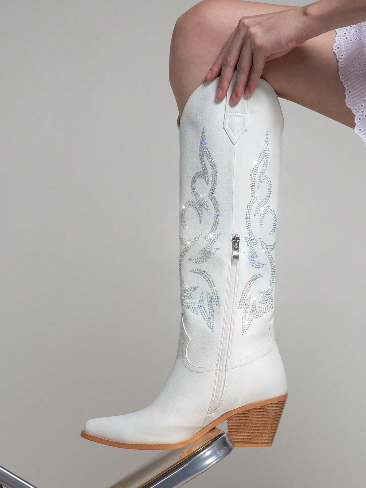 Cowboy Boots For Women - Wide Calf Rhinestone Cowgirl Boots, Women Knee High Western Boots, Glitter Sparkly Ladies Tall Boots With Classic Embroidery And Side Zipper, Retro Classic Country Boots Pull On For Ladies