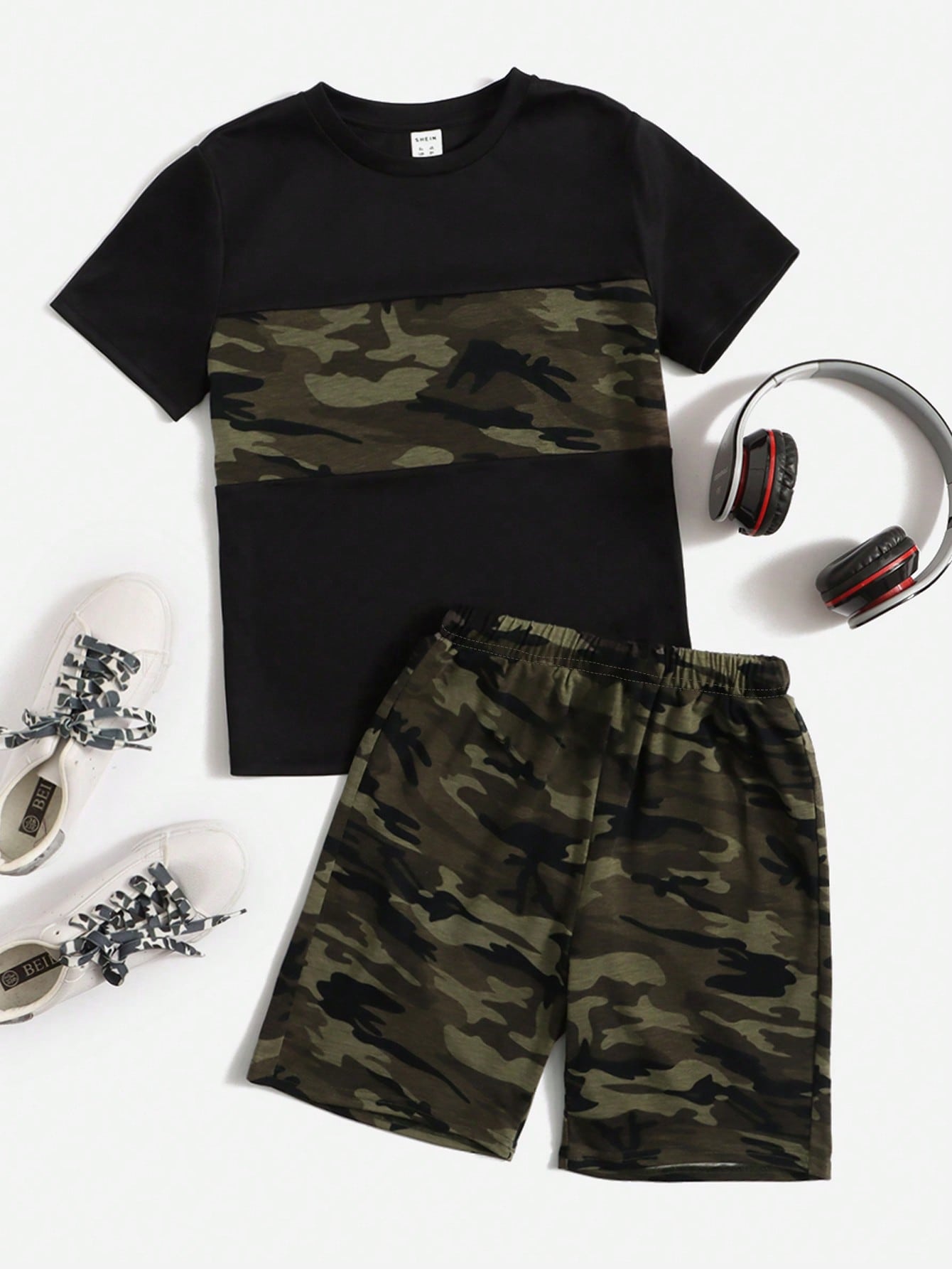 Tween Boys Extended Size Casual Camouflage Pattern Round Neck Loose Fit Short Sleeve T-Shirt & Camo Shorts Knitted Plus Size 2pcs/Set