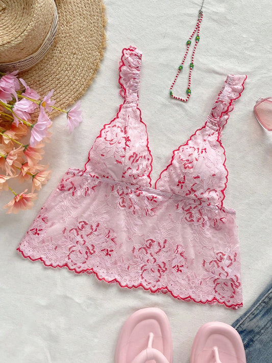 Women's Summer Floral Lace Ruffle Hem Camisole Tank Top