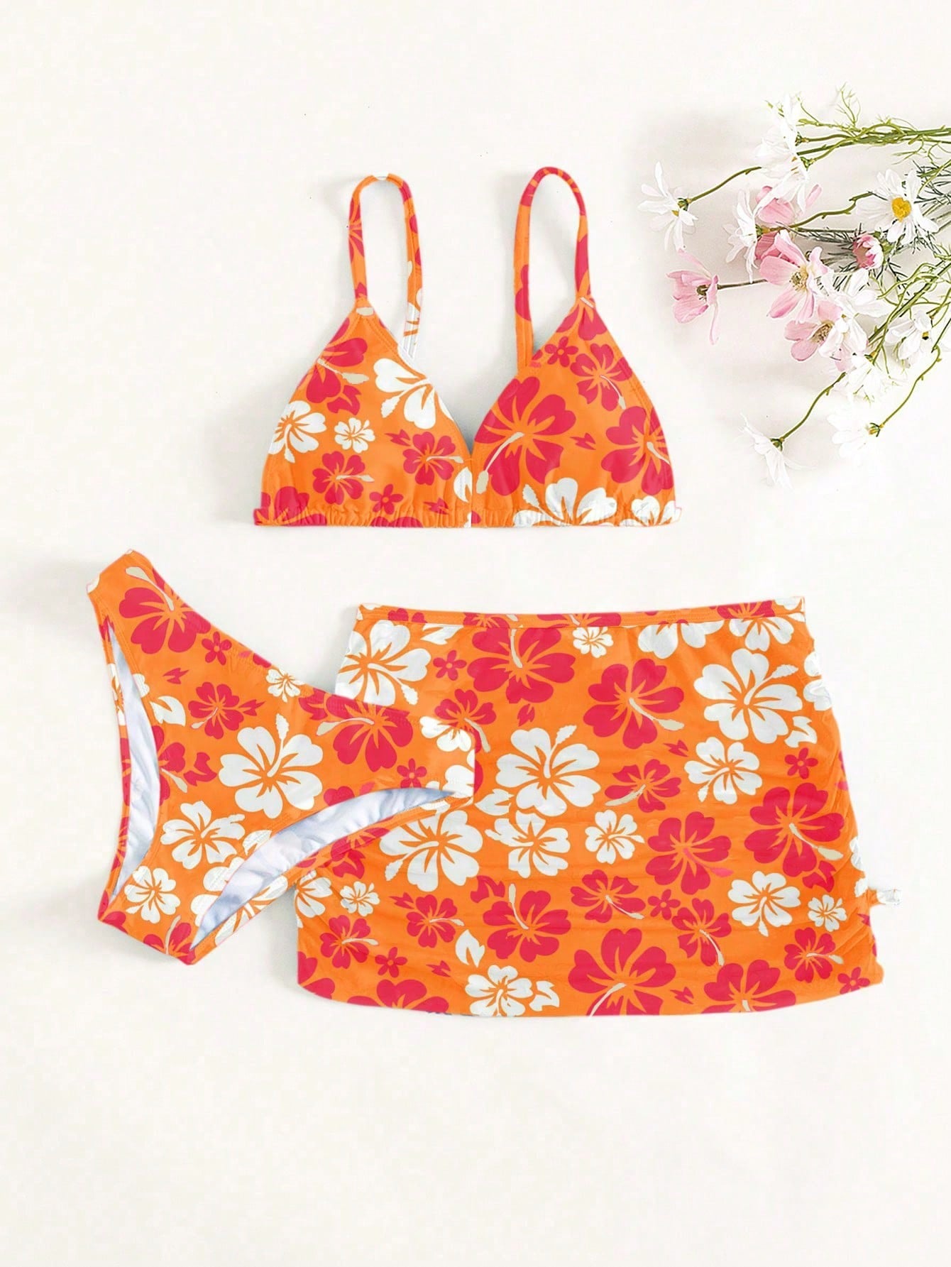 Tween Girl Floral Print Triangle Bikini Set With Beach Skirt Summer Beach