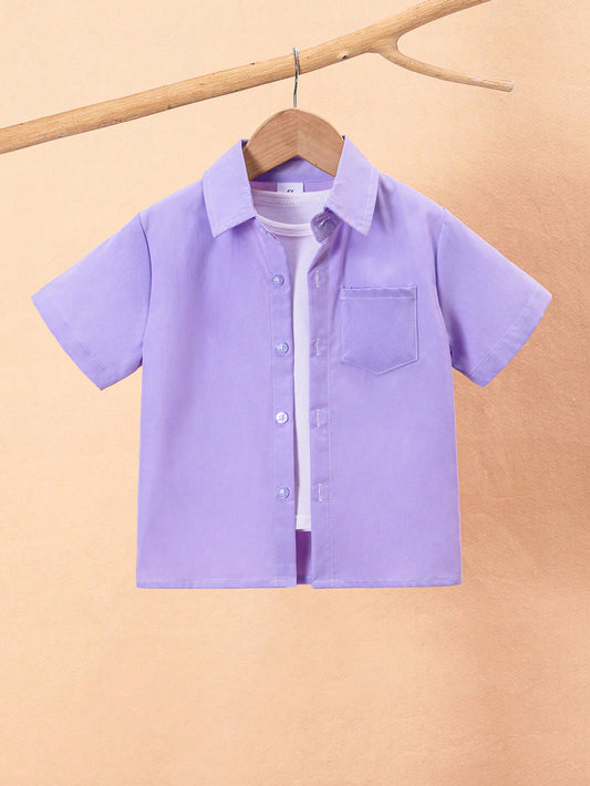 Young Boy Classic Casual College Style Purple Short Sleeve Shirt With Pocket, Formal & Party & Show Shirt