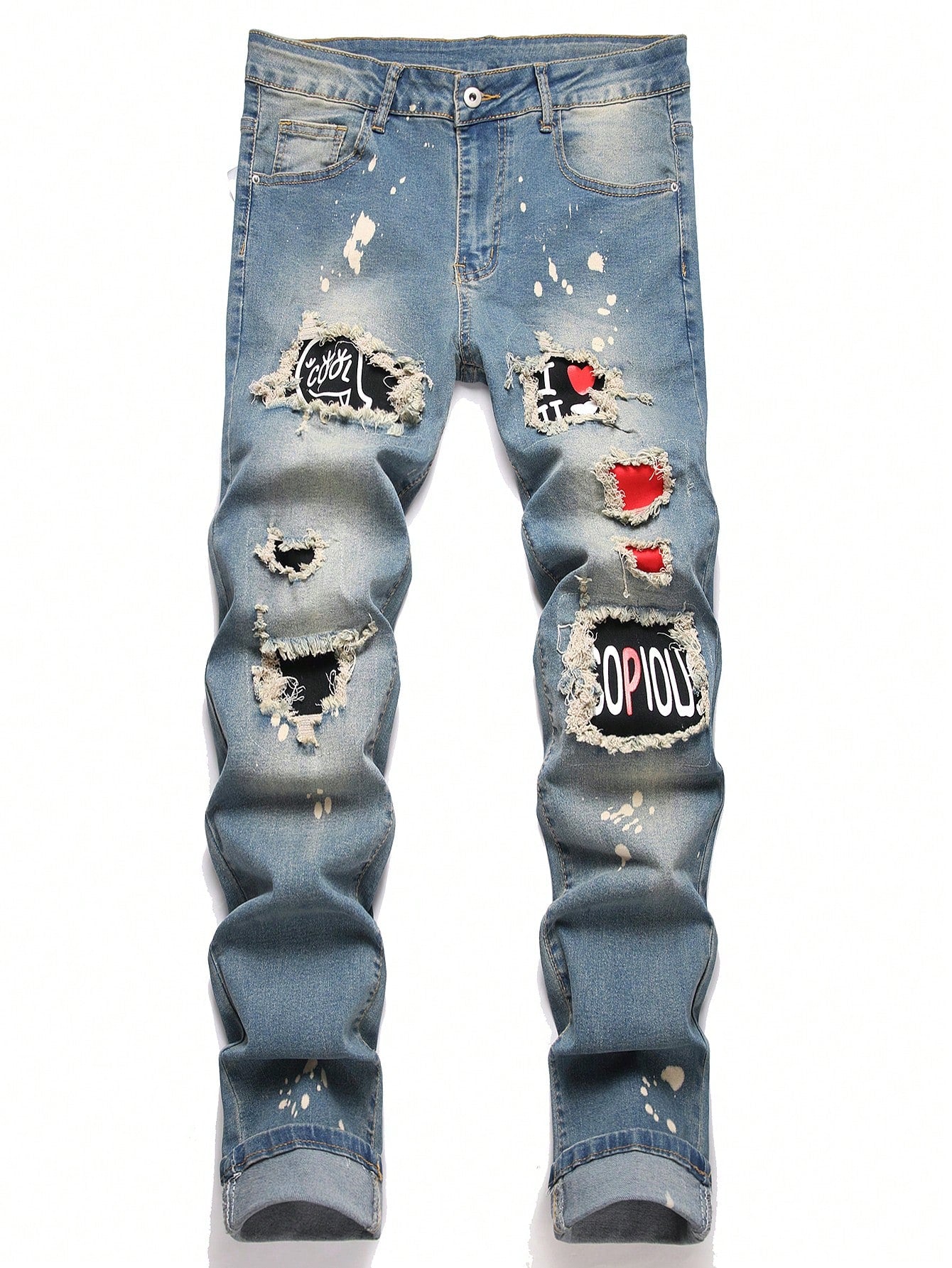 Men Cotton Letter Patched Ripped Jeans