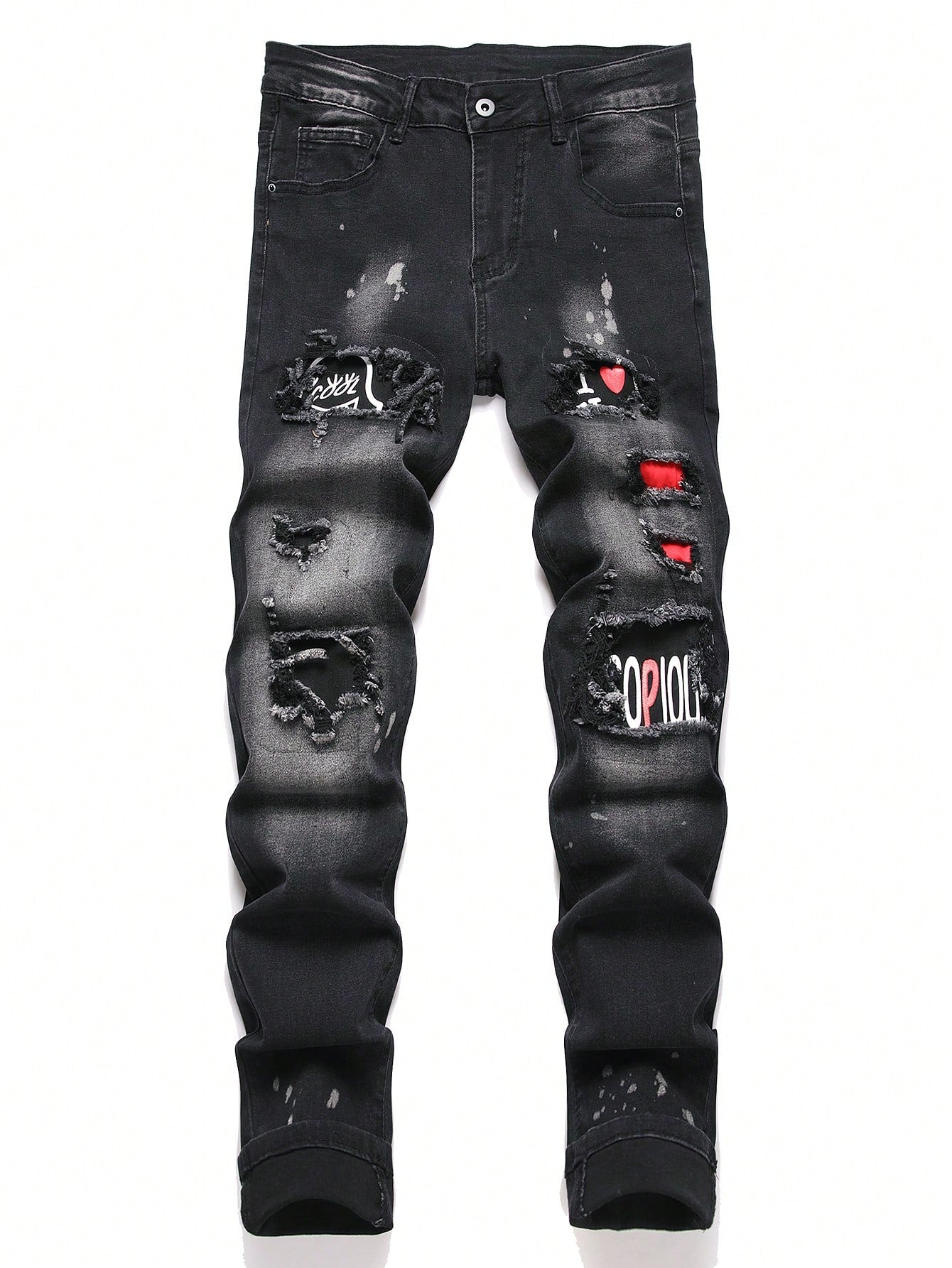 Men Cotton Letter Patched Ripped Jeans