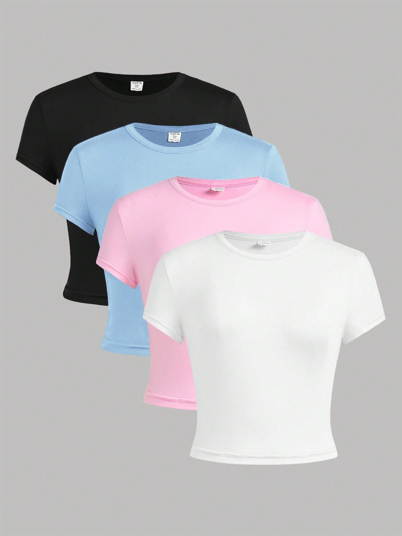 4pcs Short Knit Solid Color Tight-Fitting Crop Top T-Shirt Set For Teen Girls