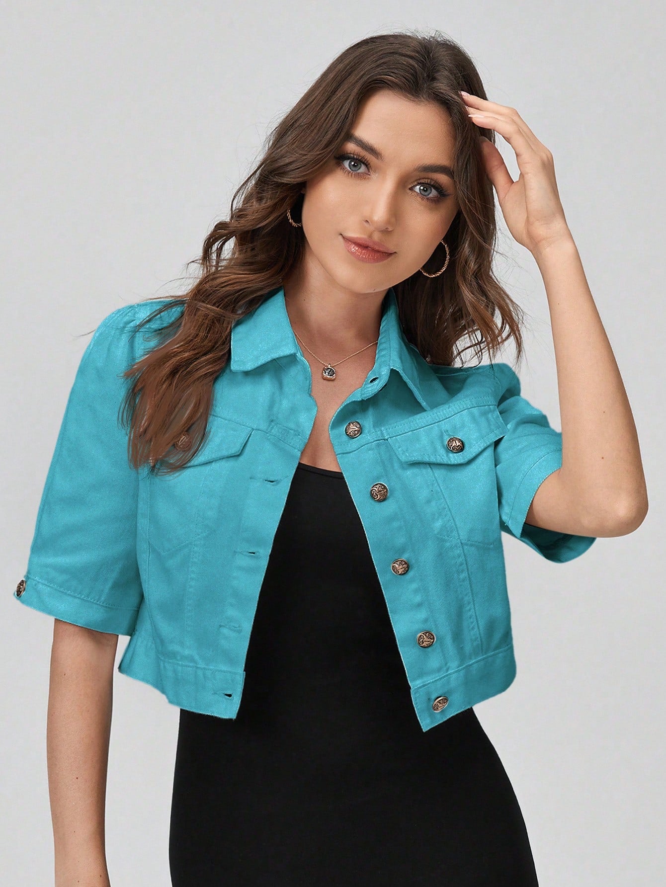 Flap Detail Puff Sleeve Denim Jacket