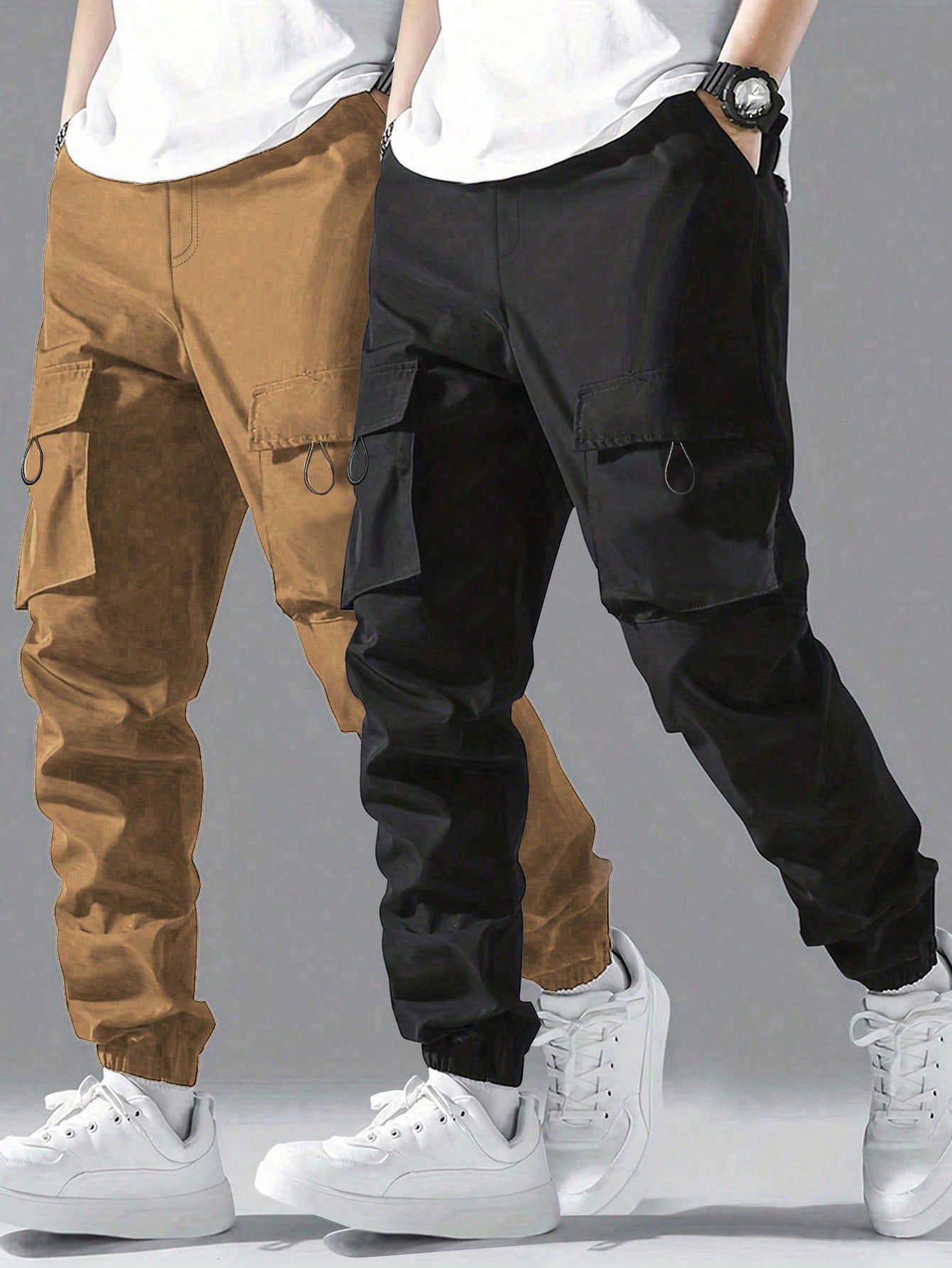 2pcs Tween Boy Loose Fit Casual Outdoor Workout Cargo Pants With Flap Pockets, Spring/Summer/Fall