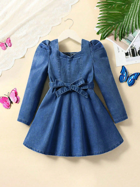 Girls Retro Elegant Elastic Comfortable Puff Sleeve Belt Denim Long Sleeve Dress