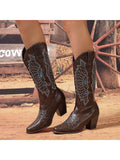 Women's Fashionable European & American Style Embroidered Chunky Heel Mid-Calf Boots With Square Toe, Coffee Color, Cowgirl Boots