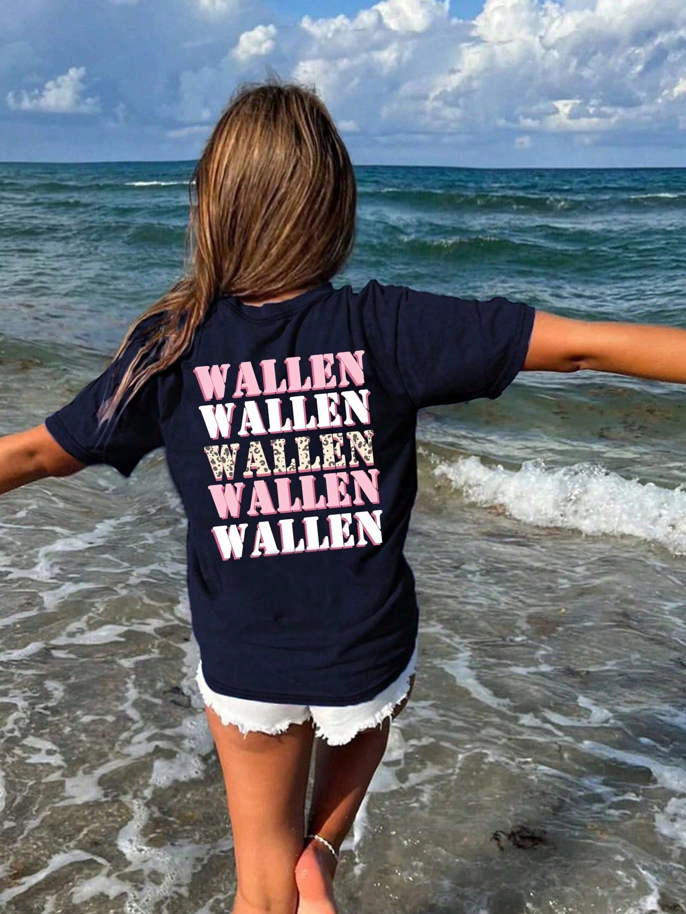 Tween Girl 2024 New Arrival Casual Colorful Letter Print Round Neck Short Sleeve T-Shirt In Dark Blue, Summer