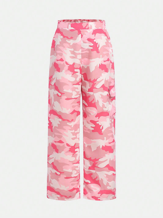 Tween Girl Pink Camo Print Cargo Pocket Casual Pants