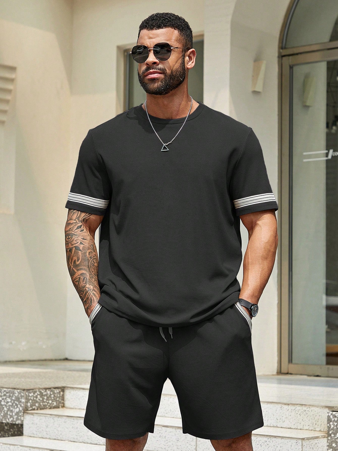 Men Plus Size Summer Striped Woven Belt Round Neck Short Sleeve T-Shirt And Shorts Casual Set