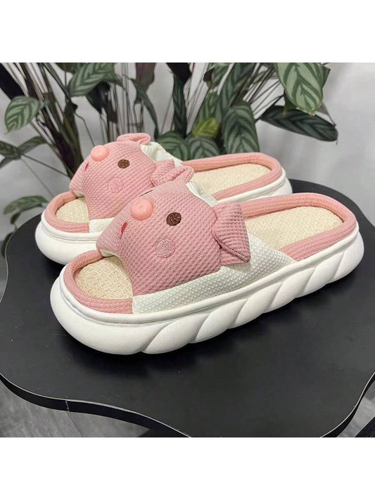 Women's Thick-Soled Linen Slippers, Cute Cartoon Pig Summer Indoor Home Slippers, Four Seasons Available