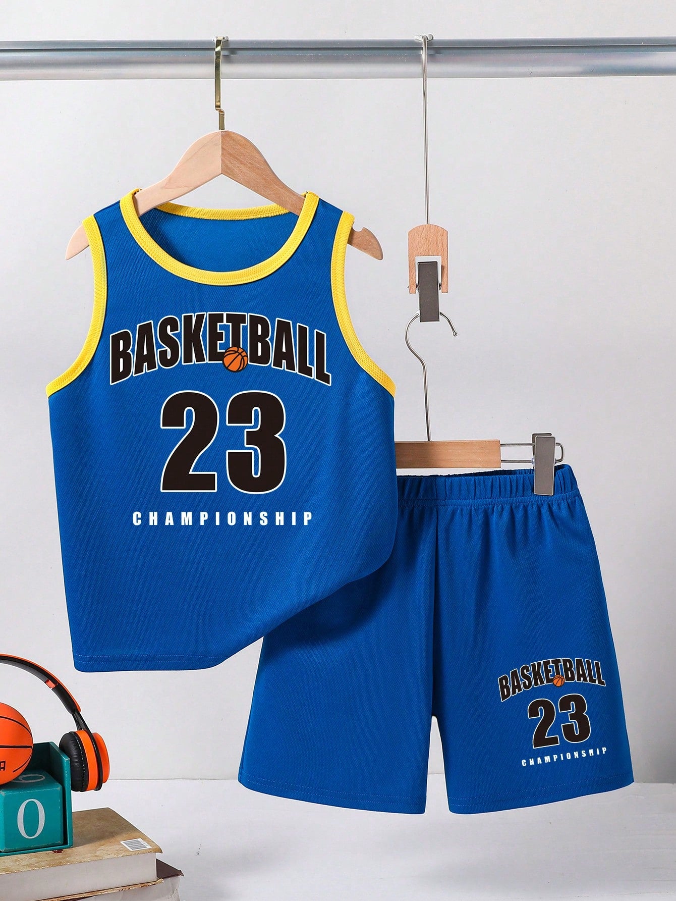 Tween Boys' 2pcs Casual Sporty Breathable Quick-Drying BASKETBALL Letter Print Round Neck Vest And Solid Color Shorts Set, Summer