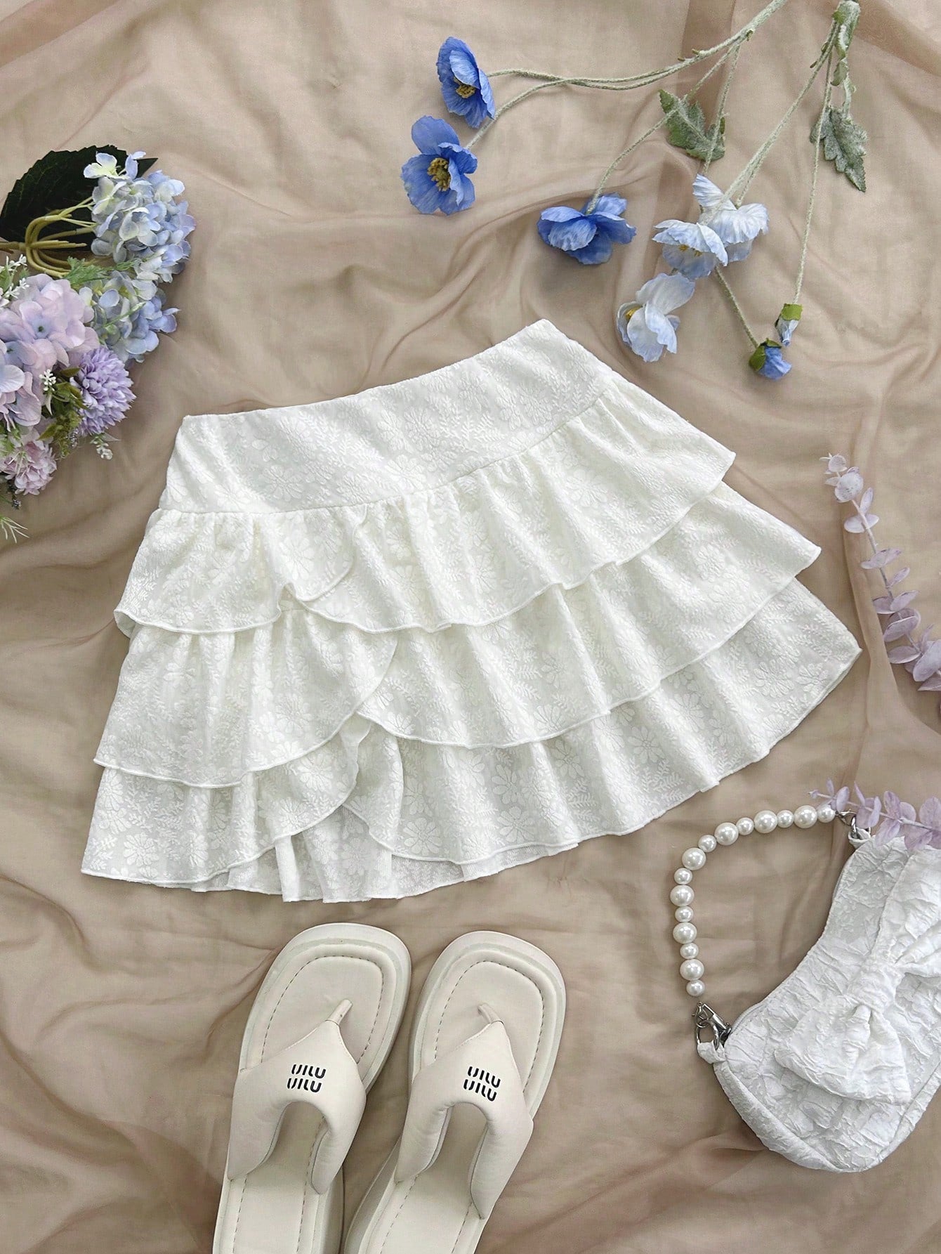 Summer Vacation Romantic Mini Skirt, Irregular Multi-Layered Cake-Style Skirt In White Texture Fabric, Women's Skirt