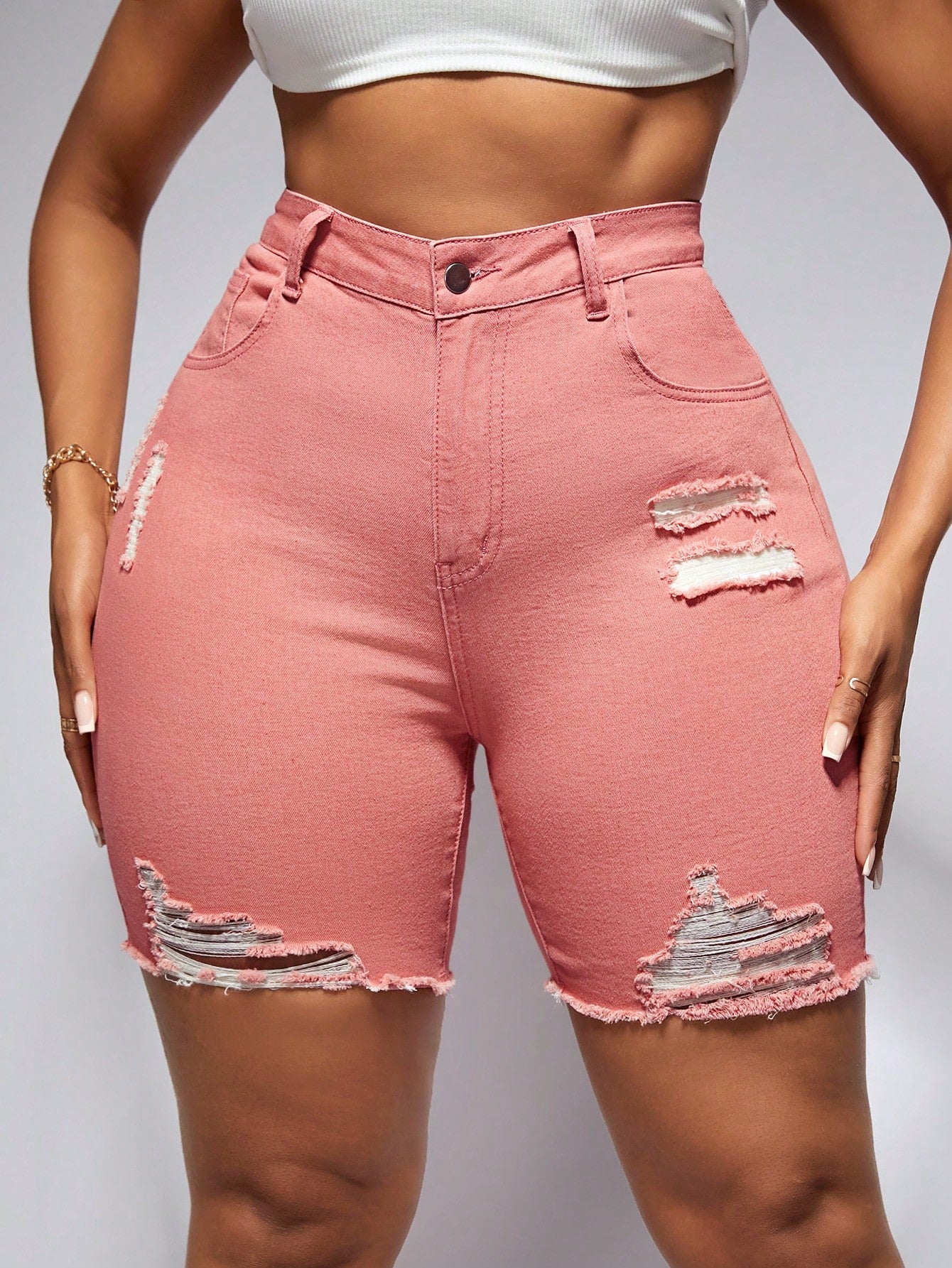 Plus Size Solid Color Denim Shorts With Pockets, Rips And Frayed Hem