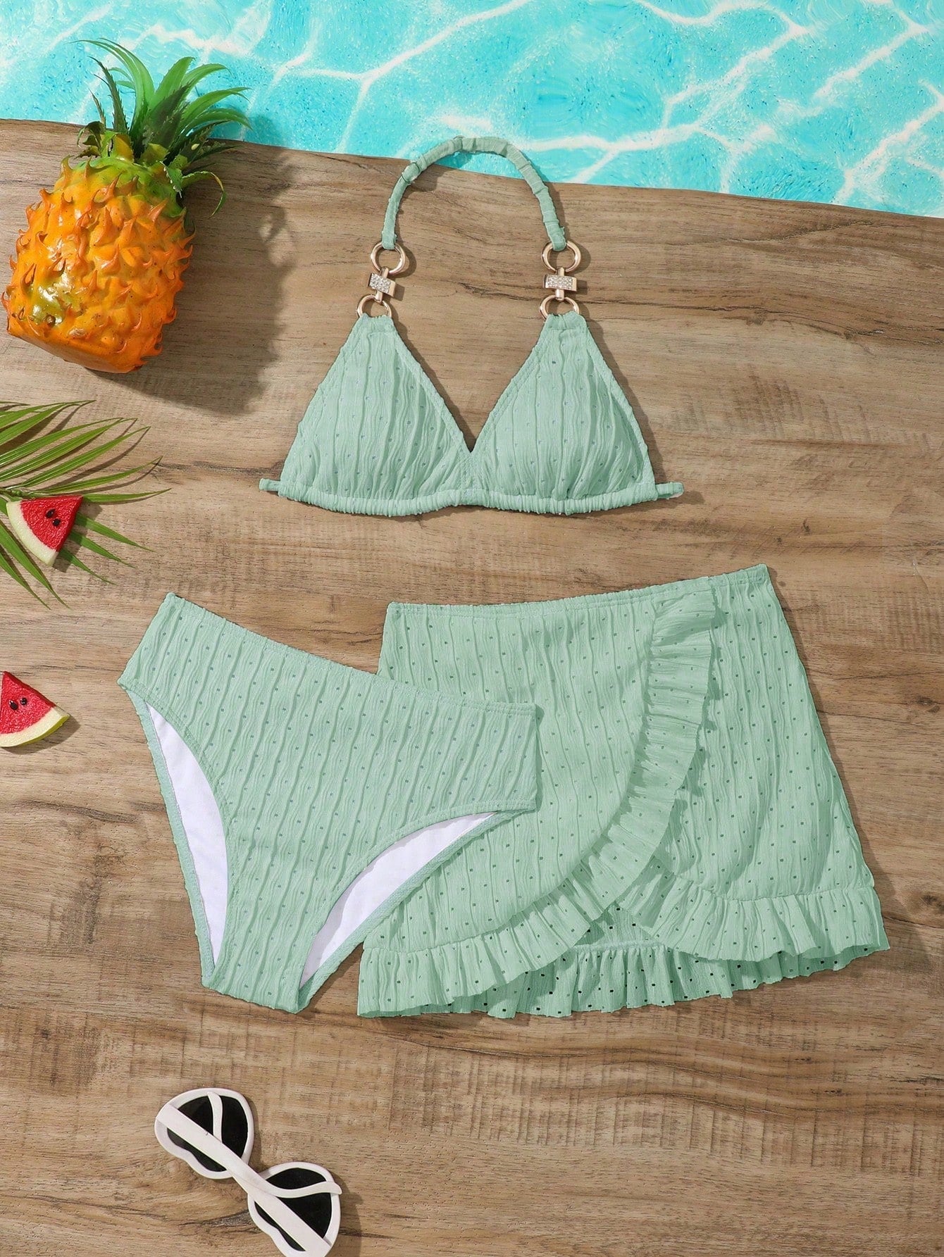 Young Girl 3pcs/Set Solid Color Cute Triangle Bralette & Triangle Bikini Set Bottom & Ruffled Mini Skirt Bikini Set With Hollow-Out Design For Summer Summer Beach