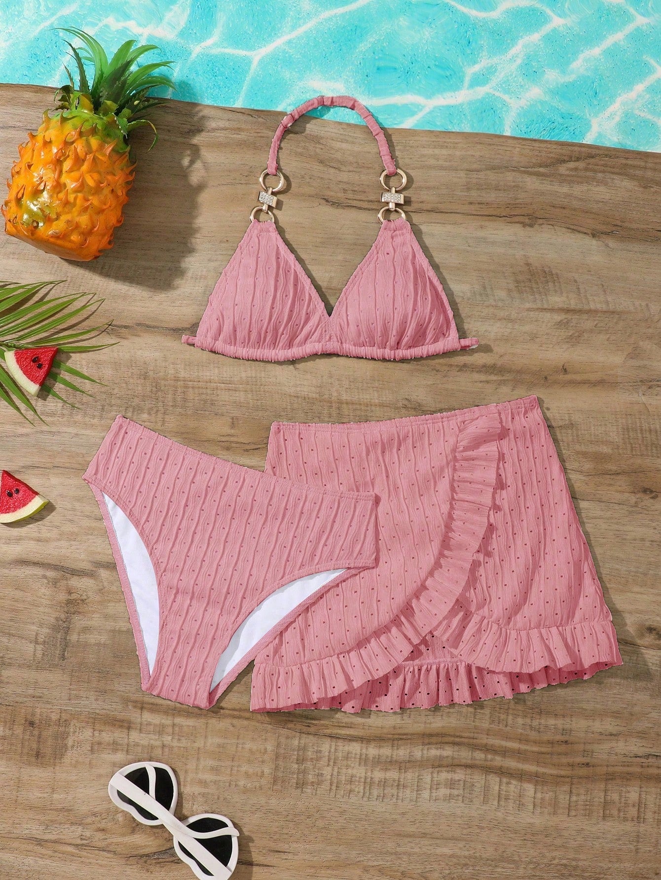 Young Girl 3pcs/Set Solid Color Cute Triangle Bralette & Triangle Bikini Set Bottom & Ruffled Mini Skirt Bikini Set With Hollow-Out Design For Summer Summer Beach